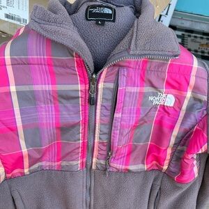 The North Face Kids Pink and Gray Plaid Puffer Jacket
